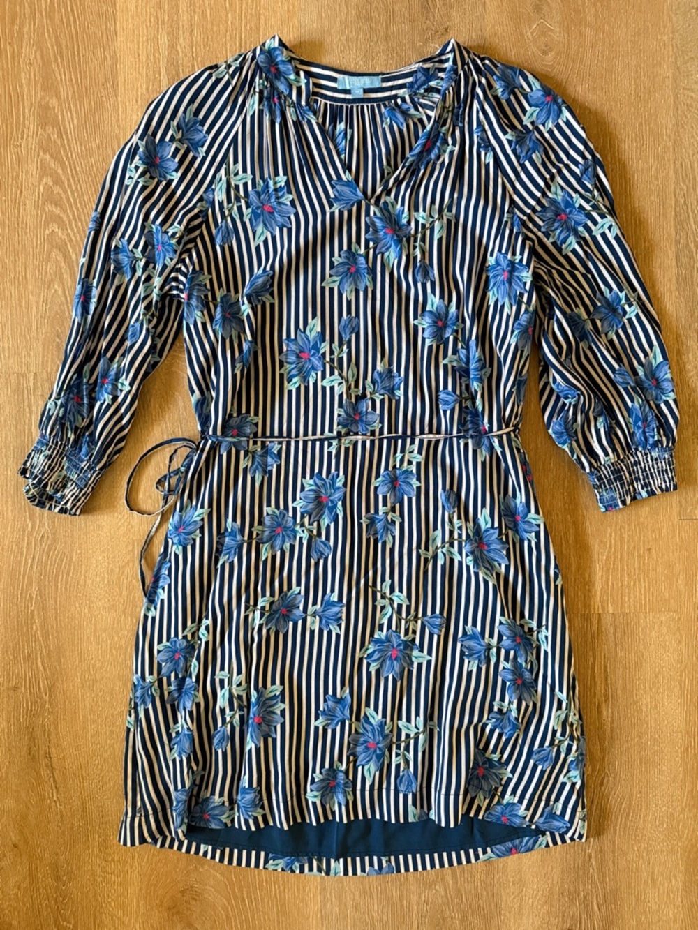 Draper James RSVP Navy, White and Blue Striped Floral Tie-Waist Dress